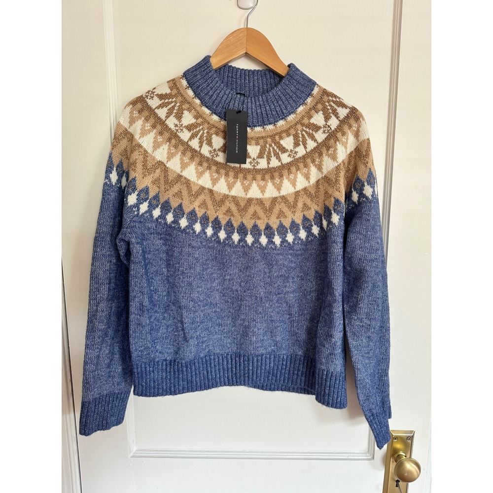 Tommy Hilfiger Sweater Blue Fair Isle Nordic Mock Large Holiday Christmas Ski